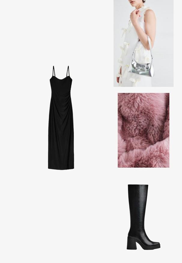 Puha, bolyhos anyag, amely tompa rózsaszín árnyalatban pompázik, eltérő textúrákkal, hosszabb és rövidebb szálakkal, mélységet és meleget teremtve.; Fekete midi ruha vékony, állítható pántokkal, amely drapált designnal és sima textúrával rendelkezik. Nincsenek látható minták vagy díszítések.; Fekete, térd fölé érő csizma texturált szintetikus anyagból, négyzetes orral, masszív, magas sarokkal és sima, elegáns felülettel.; Ezüst fémes kézitáska, struktúrált formával, felső fogantyúval és masnis részlettel az elején. Simaságával és fényes felületével tűnik ki.
