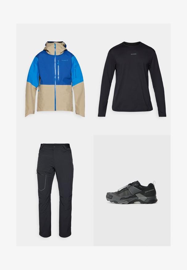 Giacca da esterno colorata con parte superiore blu, parte inferiore beige, zip frontale e cappuccio. Include tasche con zip sulla parte frontale.; T-shirt nera a maniche lunghe con colletto rotondo, realizzata in tessuto liscio. Presenta cuciture sottili e un piccolo logo sul petto.; Pantaloni neri da esterno con tasca a zip sulla coscia, cintura elastica e tessuto liscio, resistente all'acqua. Design pulito senza loghi visibili.; Scarpa da trail running nera con tomaia in mesh resistente, puntale rinforzato, suola in gomma testurizzata e sistema di lacci elastici per una calzata sicura.