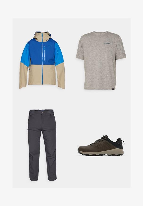 Barevná venkovní bunda s modrou horní částí, béžovou dolní částí, předním zipem a kapucí. Obsahuje kapsy na zip na přední straně.; Šedé tričko s krátkým rukávem vyrobené z měkké, texturované látky, se malým modrým logem Patagonia na levé straně hrudi. Žádné další vzory.; Tmavě šedé kalhoty vyrobené z odolné tkaniny, s kapsou na zip, rovný střih a s poutky na opasek pro nastavitelné nošení.; Hnědé nepromokavé sneakers s texturovaným svrškem, perforovanými detaily, černým oporou paty a šedou gumovou podrážkou. Šňůrky mají kovové konce.