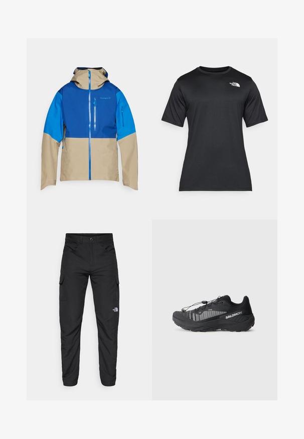 Colorful outdoor jacket featuring a blue upper section, beige lower section, front zipper, and hood. Includes zippered pockets on the front.; Black short-sleeve t-shirt made of lightweight, moisture-wicking fabric. Features a white logo on the left chest and a crew neckline.; The North Face HORIZON PANT - Outdoor trousers - black; Black trail running shoe with a textured mesh upper, reflective accents, cushioned sole, and elastic lacing system. Logo on the side.