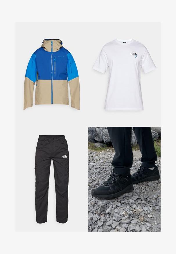 Barevná venkovní bunda s modrou horní částí, béžovou dolní částí, předním zipem a kapucí. Obsahuje kapsy na zip na přední straně.; The North Face EXPLORE CARABINER RELAXED TEE UNISEX - Triko s potiskem - white; Černé cargo kalhoty vyrobené z lehkého materiálu. Mají boční kapsy na zip a logo na levém stehně. Rovno střižený design.; Černé venkovní boty z prodyšného a syntetického materiálu, s texturovaným svrškem, bezpečným šněrovacím systémem a robustní podrážkou, na skalnatém terénu.