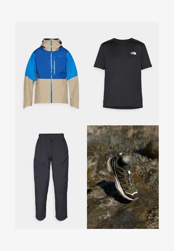 Kleurijke buitenjas met een blauwe bovenkant, beige onderkant, een rits aan de voorkant en een capuchon. Bevat ritszakken aan de voorkant.; Zwarte T-shirt met korte mouwen, gemaakt van lichtgewicht stof. Bevat een klein wit logo op de linkerborst en verfijnde schouderaccenten.; Zwarte cargo pants gemaakt van een lichtgewicht, waterafstotend materiaal; voorzien van een elastische tailleband, meerdere met rits gesloten zakken en taps toelopende pijpen.; Wandelshoe in olijfgroen en zwart met roze accenten. Beschikt over een gestructureerd bovenwerk, flexibele zool, versterkte neuzen, en een kleurrijk vetersysteem.