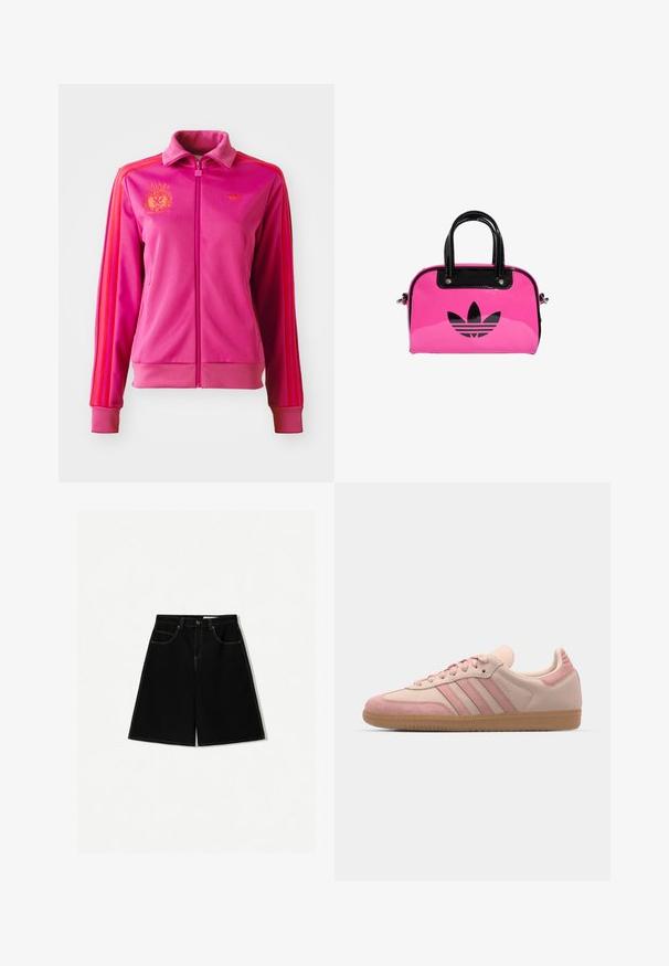 Růžová zipová bunda s vysokým límcem, zdobená oranžovými pruhy a logy. Vyrobená z hladkého materiálu s žebrovanými manžetami a lemem.; Bílý top na zavazování za krk vyrobený z měkké látky, s nápisem "Juicy" z kamínků na přední straně. Zavazuje se na krku pro nastavitelný střih.; Černé džínsové šortky s volným střihem, které mají pět kapes, žluté švy a středně vysoký pas.; adidas Originals SAMBA OG - Tenisky - quartz/mauve; Růžová lakovaná kabelka s černým logem a uchy, zaoblený tvar a zipové zapínání. Lesklý povrch zvyšuje viditelnost.