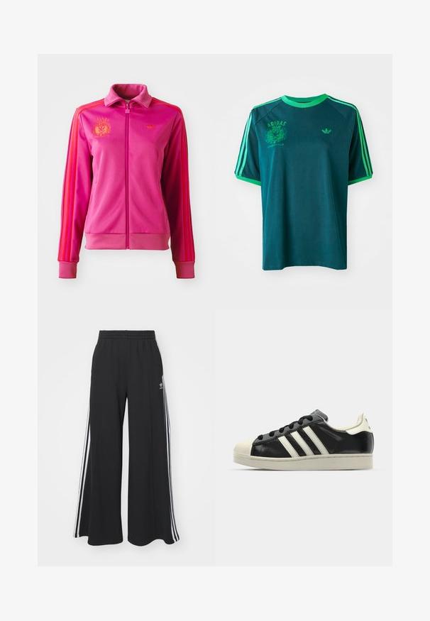 Roosa lukuga jakker kõrge kraega, millel on oranžid triibud ja logod. Valmistatud siledast kangast ribikätiste ja -äärtega.; Türkiisi puuvillane t-särk roheliste aktsentidega, laeva kaelusega, raglansleeved, ja prinditud Adidas logo rinnal ja varrukal.; Mustad laiad trenni püksid elastse vöökohtaga, millel on valged küljeribad ja tikitud logo vasakul reiel.; Must have nahkased mustad tossud valgete triipudega, kummist varbakattega, mustade paeltega ja kreemika värvusega tallaga. Sile tekstuur ja läikiv viimistlus.