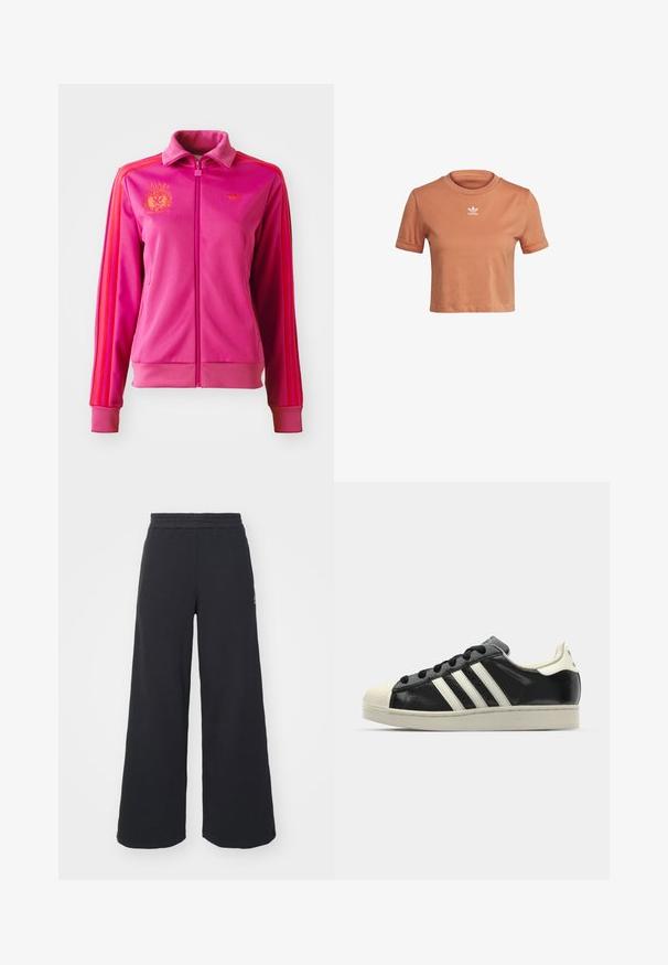Jachetă roz cu fermoar, cu guler înalt, având dungi și logo-uri portocalii. Confeționată dintr-un material neted, cu manșete și tiv din material striat.; adidas Originals TOP ADICOLOR ORIGINALS REGULAR T-SHIRT - Tricou cu imprimeu - hazy copper; Pantaloni de trening negri, cu picioare largi, confecționați dintr-un material moale, având un talie elastică și un logo mic pe partea stângă.; Sneaker din piele neagră cu dungi albe, vârf din cauciuc, șireturi negre și talpă de culoare crem. Textură netedă cu finisaj strălucitor.