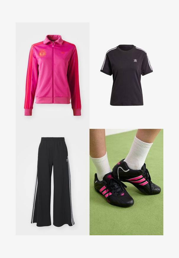 Roza jakna na zadrgo z visokim ovratnikom, okrašena z oranžnimi črtami in logotipi. Narejena iz gladkega blaga z rebrastimi manšetami in robom.; Črna bombažna kratkotrajna majica s kratkimi rokavi in okroglim izrezom, ki ima bele črte na ramenih in majhno belo Adidasovo logo na prsih.; Črne široke trenirke z elastičnim pasom, ki imajo bele stranske proge in vezeno logo na levi stegna.; Črne atletske čevlje s tremi rožnatimi črkami, zgornji del iz teksturirane usnje, črne vezalke in podrobnost z logotipom, v kombinaciji z belimi rebrastimi nogavicami na zeleni površini.