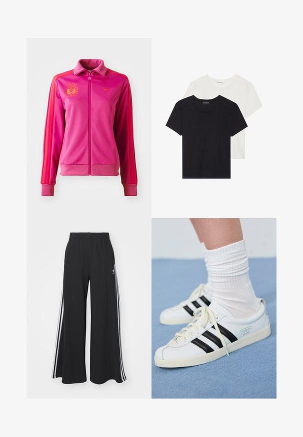 Roza jakna na zip s visokim ovratnikom, s narančastim trakama i logotipima. Izrađena od glatke tkanine s rebrastim manžetama i rubom.; Dva kratka rukava T-majice u crnoj i bijeloj boji. Izrađene od mekog pamuka, s okruglim izrezom i standardnim krojem, s minimalnim detaljima šivanja.; Crne široke trenirke s elastičnim pojasom, s bijelim bočnim trakama i izvezenim logom na lijevom bedru.; Bijele kožne tenisice s crnim prugama, kremasto bijela potplat i svijetle vezice. Nosi se s bijelim rebrastim čarapama, postavljeno na plavoj pozadini.