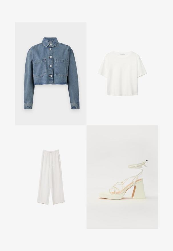 Kratenog traper jakna svijetlo plave boje, s oštrim ovratnikom, prednjim gumbima i dva džepa na prsima. Oštećeni rub i duge rukave.; Bijela majica kratkih rukava od pamuka. Ima okrugli izrez i opušteni kroj. Glatka tekstura bez vidljivih uzoraka ili naglasaka.; Bijele hlače širokih nogavica napravljene od lagane tkanine. Imaju elastičan pojas s ušicom i bočne džepove. Glatka tekstura.; Bijela sandala na visokoj potpetici s debelim petom, s remenom i vezanjem oko gležnja. Glatka tekstura s platformom sprijeda za dodatnu visinu.