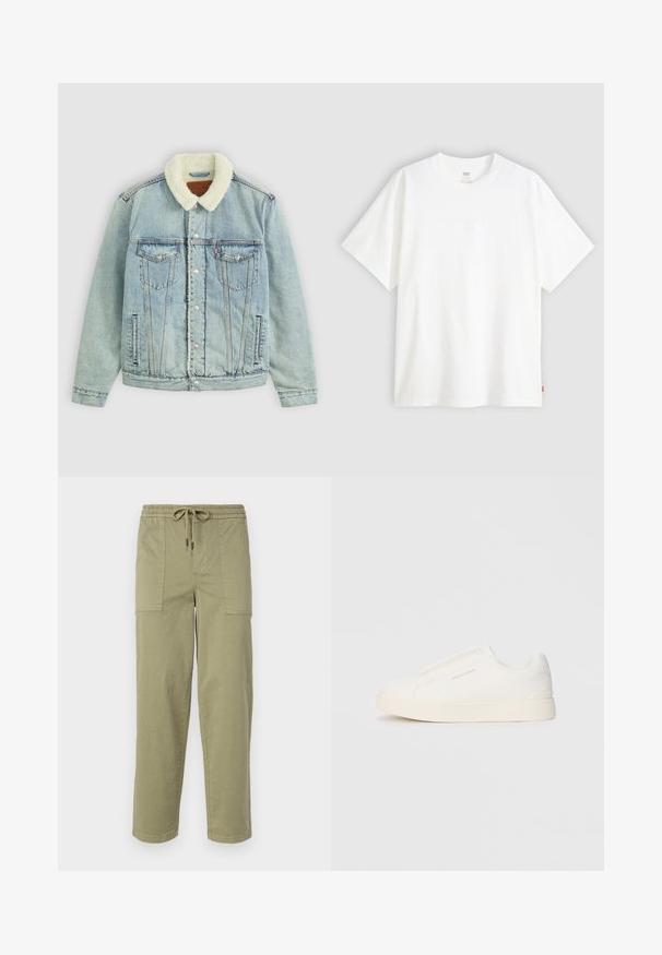 Vaaleansininen farkkutakki, jossa on pörröinen valkoinen kaulus. Takissa on rintataskut, nepparit ja rento malli, jossa on näkyviä ompeluseikkoja.; Valkoinen lyhythihainen t-paita, joka on valmistettu puuvillasta ja jossa on pyöreä pääntie. Etupuolella on hienovarainen kohokuvioitu logo ja helmassa punainen etiketti.; Vaaleanoliivinvihreät housut, jotka on valmistettu puuvillasekoitteesta. Housuissa on joustava vyötärö, joka sisältää nyörin, sekä kaksi suurta sivutaskua.; Valkoiset liukusukat, joissa on teksturoitu pinta, paksu pohja ja minimalistikot. Sivulla on brändin logo.