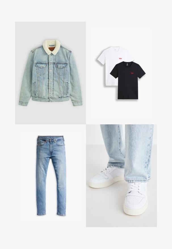 Lys blå denimjakke med en fluffy, hvit krage. Har brystlommer, trykknapper, og en avslappet passform med synlige sømdetaljer.; To korte ermesskjorter: en hvit og en svart. Begge laget av bomull med en rød Levi's-logo på brystet. Enkel rund hals-design.; Lyseblå denimjeans med rett snitt, fem lommer, knappelukking og subtil falming over stoffet.; Hvite lær lave sneakers med perforert tå, flate lisser og minimalistisk design. Kombinert med lyseblå denimjeans.
