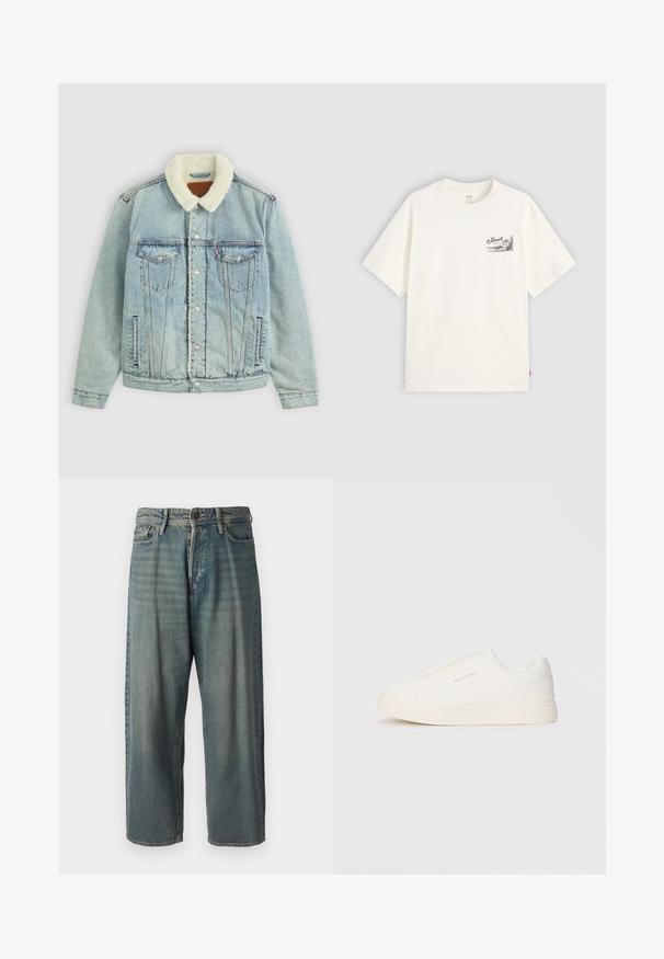 Svetlo modra denim jakna z puhastim belim ovratnikom. Ima žep na prsih, pritisne gumbe in sproščen kroj z vidnimi šivi.; Bela kratka majica iz bombaža s črno grafiko na levem prsnem predelu, ki vsebuje besedo "Fresh."; Svetlomoderne kavbojke z ohlapnim krojem, srednjim pasom in ravnimi nogami. Imajo pet žepov, zanke za pas in zapiranje na gumb.; Bele zapete brez vezalk z teksturirano površino, debelim podplatom in minimalističnim dizajnom. Na strani se nahaja logotip blagovne znamke.