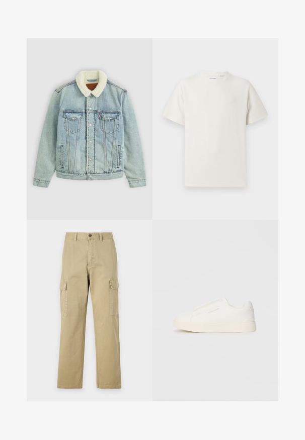 Svetlo modra denim jakna z puhastim belim ovratnikom. Ima žep na prsih, pritisne gumbe in sproščen kroj z vidnimi šivi.; Bela majica s kratkimi rokavi iz rebraste tkanine. Okrogli izrez, sproščen kroj, brez vidnih vzorcev ali naglasov. Preprosta in vsestranska zasnova.; Bež hlače s cargo krojem iz bombaža, z dvema stranskima žeparm, gumbom za zapiranje in ravnimi nogavicami iz rahlo teksturirane tkanine.; Bele zapete brez vezalk z teksturirano površino, debelim podplatom in minimalističnim dizajnom. Na strani se nahaja logotip blagovne znamke.