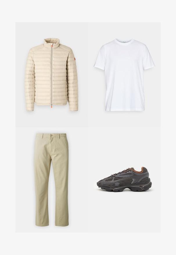 Save the duck ALEXANDER - Veste d'hiver - beige; T-shirt en coton blanc à manches courtes, col rond et coupe décontractée. Présente un design minimaliste, sans motifs ni accents.; Pantalon en coton beige avec une coupe droite, fermeture à bouton sur le devant et passants de ceinture. Texture lisse, sans motifs ou accents visibles.; Baskets Lacoste en gris foncé, en matériau mesh et synthétique, avec une semelle texturée et des accents marron sur le col et le branding.