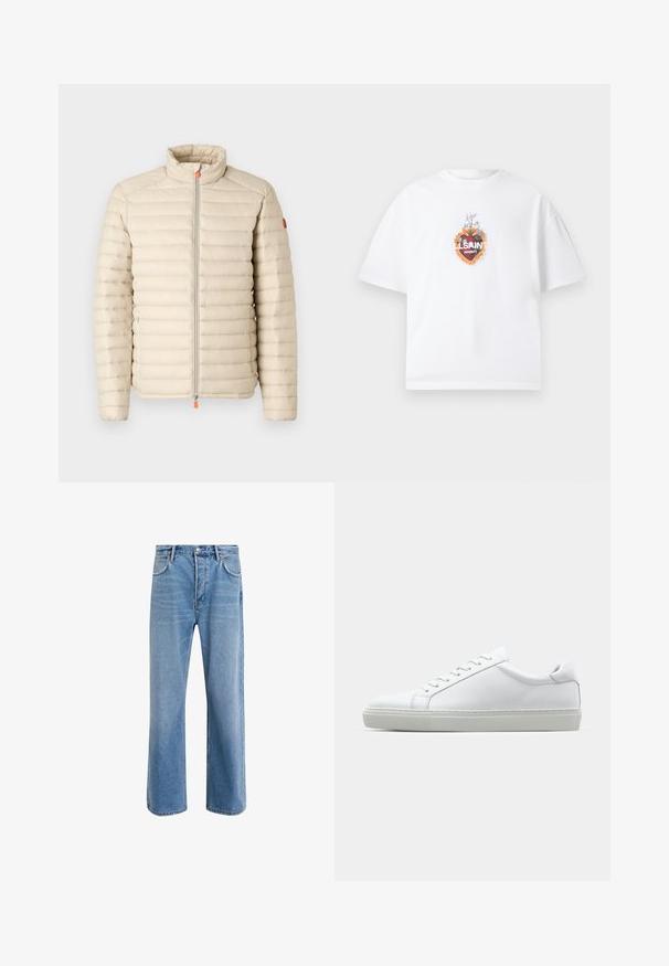 Save the duck ALEXANDER - Vinterjakker - beige; Hvid oversized T-shirt med et farverigt helligt hjertegrafik og teksten "AllSaints London" centreret på brystet.; Lyseblå denim jeans med lige ben-design, fem lommer, knaplukning, minimal falming og kontraststingdetaljer.; Hvide sneakers med en glat læderoverdel og lav profil. Har en rund tå, seks snørehuller og en tekstureret gummisål.