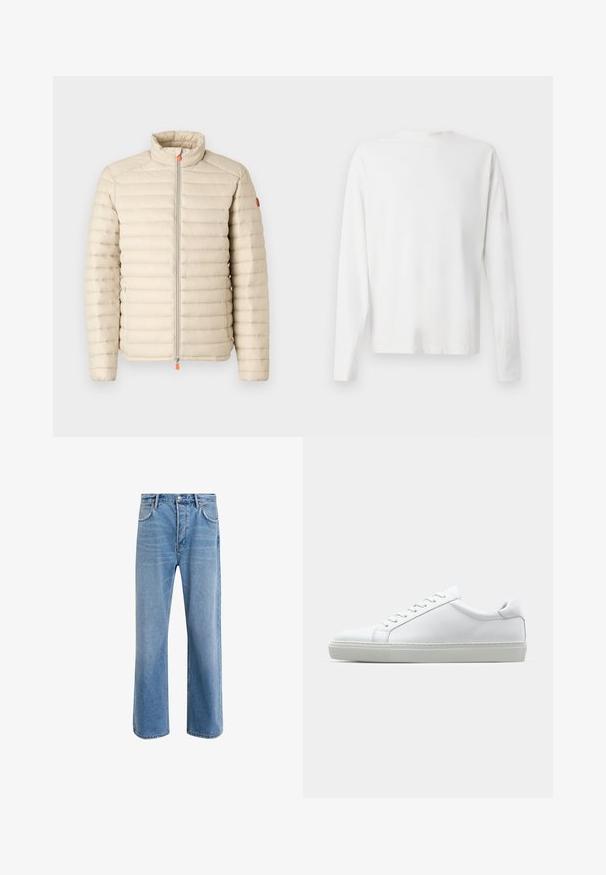 Save the duck ALEXANDER - Vinterjakke - beige; Langermet hvit bomullsskjorte med rund hals, sidespalter nederst og en jevn tekstur, vist fra baksiden.; Lys blå denimjeans med rett ben-design, fem lommer, knappeåpning, minimal falming og kontrasterende sømdetaljer.; Hvit sneakers med en glatt skinnoverdel og lav profil. Har en rund tå, seks snøring hull, og en teksturert gummisåle.