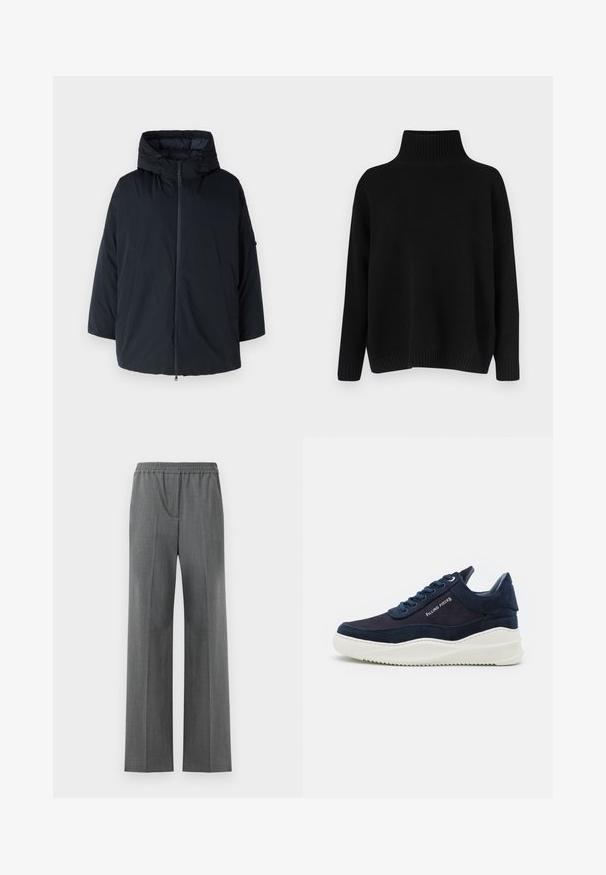 Čierna puffová bunda s kapucňou, so zipsom na prednej strane, dvoma bočnými vreckami a mierne prehnaným strihom. Mäkká, hladká textúra.; Čierny pletený sveter s vysokým žebrovaným golierom, spustenými ramenami a voľným strihom. Má žebrované manžety a lem pre textúru.; Šedé nohavice s širokými nohavicami a elastickým pásom, vyrobené z textúrovanej látky s jemným tkaným vzorom.; Tmavomodré semišové tenisky s bielymi gumovými podrážkami, okrúhlou špičkou a šnurovaním. Obsahujú detail loga na boku a textúrované akcenty.