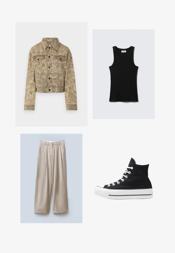 Carhartt WIP DUCK ORELL JACKET - Chaqueta vaquera - duck/black; Camiseta de algodón negra sin mangas con escote redondeado, tirantes anchos y una silueta ajustada. Presenta la etiqueta de la marca en blanco.; Pantalones de pierna ancha beige con un acabado texturizado, que cuentan con dos bolsillos laterales, pliegues frontales y una cinturilla para un ajuste seguro.; Zapatilla alta de lona negra con ojales, cordones y suela de goma blanca. Presenta una puntera texturizada y acentos en negro y blanco.