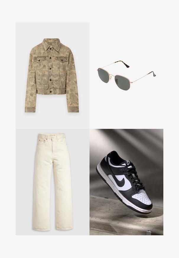 Carhartt WIP DUCK ORELL JACKET - Denim jacket - duck/black; White long-sleeve top with a wide neckline, side slits, and a smooth, lightweight fabric, featuring a simple, minimalistic design.; Wide-leg jeans in off-white denim, featuring a high waist, copper rivets, and classic five-pocket design. Textured fabric with clean hems.; Black and white Nike Dunk Low sneaker with leather upper, perforated toe box, and black laces, featuring a white sole and logo accents.; Gold metal-frame sunglasses with dark green lenses, aviator style, featuring slim arms and tortoiseshell accents on the tips.