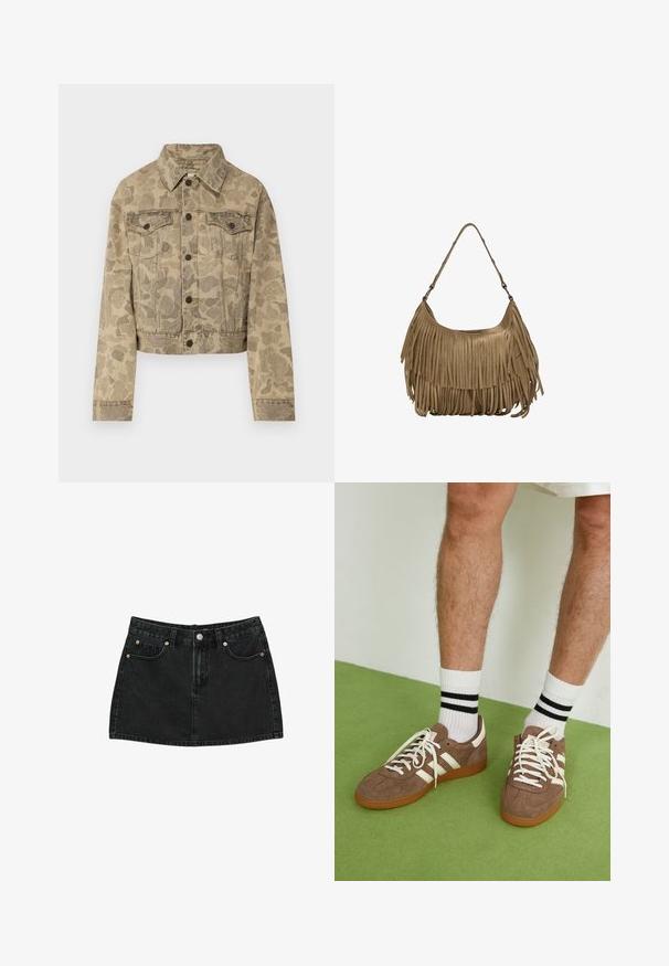 Carhartt WIP DUCK ORELL JACKET - Džínová bunda - duck/black; Stradivarius HALTER WITH EMBROIDERY  - Blůza - black; Černá džínová minisukně s předním zapínáním na knoflíky, poutky na pásek a dvěma předními kapsami s měděnými nýty, ležící na bílém pozadí.; Hnědé semišové tenisky s bílými akcenty a tkaničkami. Gumová podrážka. Nošeny s bílými ponožkami s černými pruhy. Zelená strukturovaná podlaha.; Hnědá semišová kabelka s dlouhými třásněmi, zakřiveným tvarem a jedním ramenním popruhem. Vyznačuje se hladkým, texturovaným povrchem.