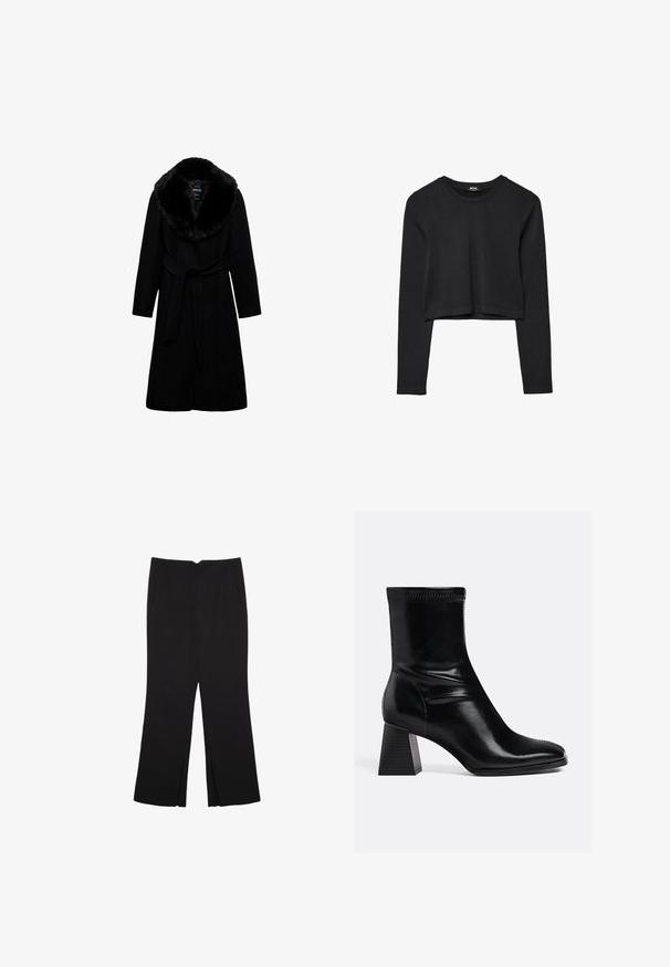 Mango Vinterfrakke - black; Sort langærmet cropped top med rund halsudskæring, ensfarvet design og let buet kant.; Sorte bukser med lige pasform, der har frontlommer og slidser i kanten. Lavet af blødt, glat stof. Velegnet til forskellige anledninger.; Sorte læder ankelstøvler med en glat finish, firkantet tå og en struktureret blokhæl. Har elastisk ankeldesign og synlige syninger.