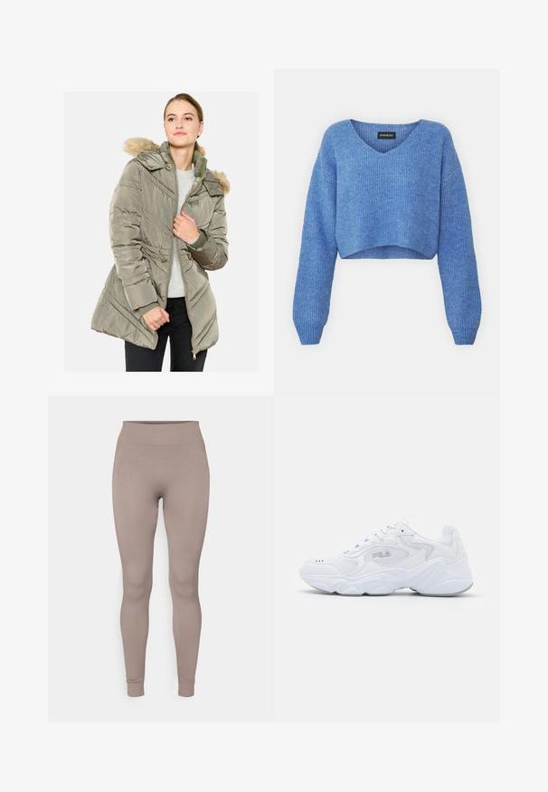 Zaļmilitārā krāsā piepūšamā jaka ar rāvējslēdzēja priekšpusi, noņemamu kapuci ar kažokādas apdari un diagonālām stitching detaļām. Viegls un izolēts dizains.; Zils īss svārka krekls ar V veida kakla izgriezumu, ribota tekstūra un garām piedurknēm. Izgatavots no mīksta materiāla. Etiķete: even&odd.; Ribotas legingi maigos taupe krāsā, ar augstu jostu, piegulošu piegriezumu un sašaurinātiem potītes galiem. Izgatavoti no teksturēta, elastīga auduma.; Baltā sportiskā apava ar struktūrētu tekstila virsu, mīkstu apkakli un masīvu zoli. Iezīmēta ar logotipu sānos un auklām.