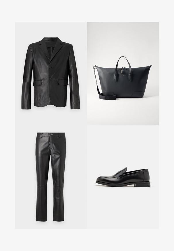 Must muströöp, millel on sakiline krae, kaks nuppu, kaks esikot ja sile tekstuur, kavandatud sobivusega.; Valge pika varrukaga termisärk, millel on ribakujuline tekstuur, ümar kaelus ja elastsed mansetid. Puhtad jooned, ilma mustrite ja lisadega.; Mustad nahkpüksid suju pinnaga, sirge säärega disain ja peen õmblus õmbluste ümber. Omab nupuga kinnitust vöökoht. ; Mustad mustad nahast loafers sileda tekstuuriga, ümarat ninaosa ja dekoratiivne riba vampi üle. Madal kihiline konts, minimalistlik disain.; Lancel CHARLIE UNISEX - Kohver - black