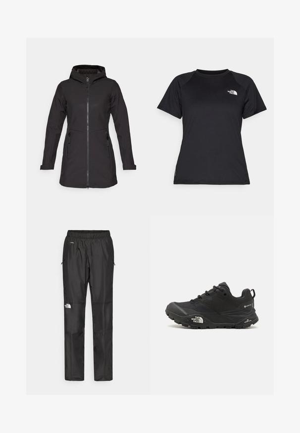 Icepeak ALAMOSA - Soft shell jacket - schwarz; Black short-sleeve athletic t-shirt with crew neck and The North Face logo on the upper left chest.; Black waterproof pants made from lightweight fabric, featuring an elastic waistband, side pockets, and a logo on the left leg.; Black hiking shoe with a textured upper, lace closure, and a chunky rubber sole featuring a prominent logo on the side and tread patterns.