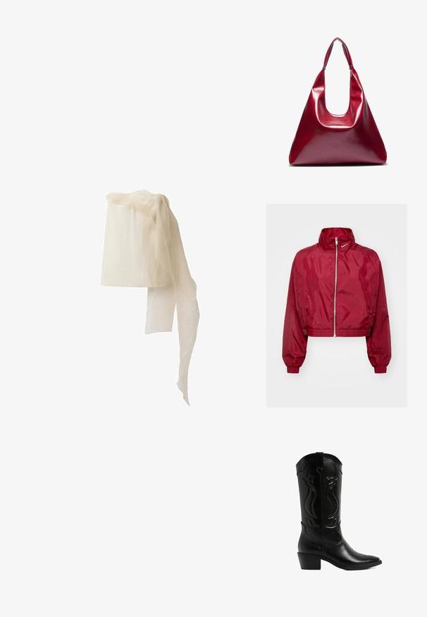 Krojena rdeča Nike jakna z visokim ovratnikom, zadrgo, elastičnimi manšetami in teksturiranimi stranskimi paneli. Gladka, sijoča tkanina.; Linen pokrivalo v off-white barvi, cilindrične oblike, s prosojnim, lahkotnim šalom, ki je položen čez vrh, z mehko, prozorno teksturo.; Črne usnjene kavbojke z ostrim nosom in složenim peto. Imajo dekorativne šive in zvezdaste okraske na gredi.; Rdeča sijoča usnjena torbica v trikotni obliki, širokim vrhnjim odprtjem in enim ukrivljenim ročajem. Gladka textura z minimalnimi šivi.