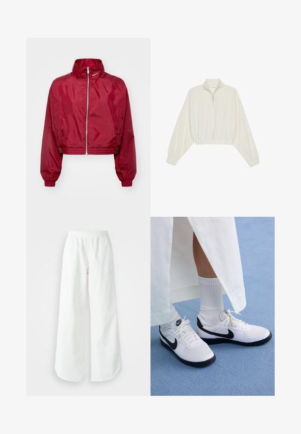 Jaqueta vermelha da Nike, cropped, com colarinho alto, fecho de zip, punhos elásticos e painéis laterais texturizados. Acabamento de tecido liso e brilhante.; Pullover curto em tecido creme, apresentando um colarinho alto, fecho de meio zíper, bainha e punhos elásticos, com uma textura suave e design minimalista.; Calças atléticas largas brancas com uma cintura canelada e um discreto detalhe de logótipo. Tecido suave com um corte relaxado e terminações ajustadas.; Ténis brancos da Nike com detalhes pretos, apresentando um cabedal em pele lisa, atacadores brancos e solas de borracha resistentes, combinados com meias brancas com textura ribada.