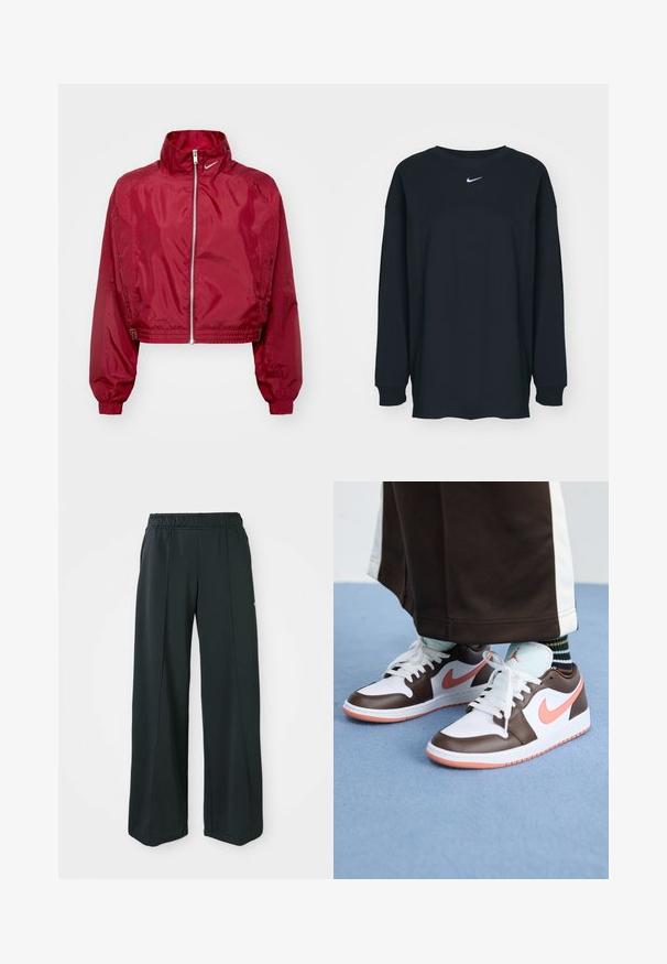 Kratā sarkanā Nike jaka ar augstu apkakli, rāvējslēdzēju, elastīgām aprocēm un teksturētām sānu paneļiem. Gluda, spīdīga auduma apdare.; Melnas garajām piedurknēm T-krekls no kokvilnas ar apaļu kakla izgriezumu. Uz krūtīm ir balts Nike logo. Mīksta tekstūra, vienkāršs dizains.; Melnas, platajās sporta bikses ar elastīgu jostu. Izgatavotas no gludas, elastīgas auduma, ar viegli pamanāmiem priekšējiem šuvēm un bez kabatām.; Baltās un brūnās Nike Air Jordan kedas ar rozā akcentiem, ar zemu dizainu, baltām šņorēm un teksturētu gumijas zoli.