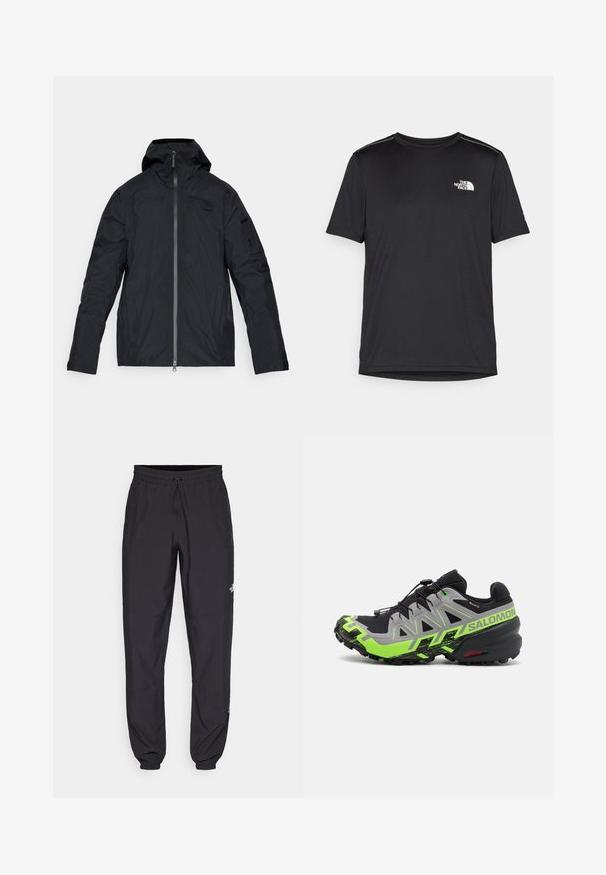 Black waterproof jacket with a hood, full front zipper, long sleeves, and a sleek design. Features minimal branding and a smooth texture.; Black short-sleeve T-shirt made from lightweight fabric. Features a small white logo on the left chest and subtle shoulder accents.; Black athletic pants made from lightweight fabric, featuring a drawstring waistband, side pockets, and tapered cuffs at the ankles.; Black and gray trail running shoe with bright green accents, featuring a textured sole, advanced lacing system, and rugged design.