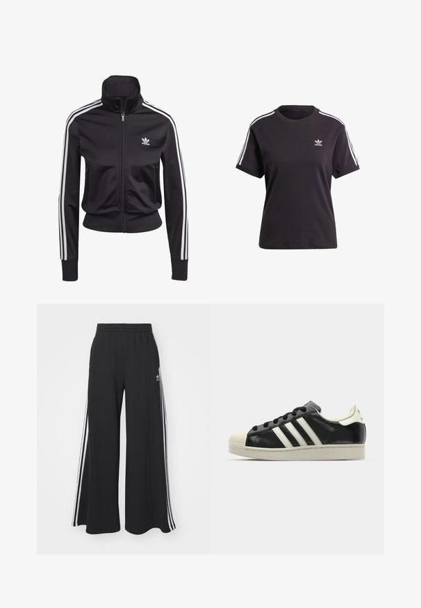 Czarna sportowa kurtka wykonana z gładkiego, lekkiego materiału. Posiada wysoki kołnierz, zamek błyskawiczny oraz trzy białe paski na każdym rękawie.; Czarny bawełniany t-shirt z krótkim rękawem i okrągłym dekoltem, z białymi paskami na ramionach oraz małym białym logo Adidasa na piersi.; Czarne szerokie spodnie dresowe z elastycznym pasem, z białymi paskami po bokach i haftowanym logo na lewej udzie.; Czarne skórzane trampki z białymi paskami, gumowym czubkiem, czarnymi sznurówkami i kremową podeszwą. Gładka faktura z połyskującym wykończeniem.