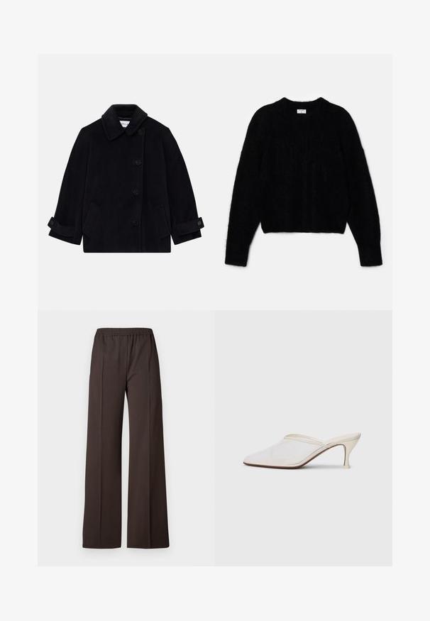 Tumesinine villane mantel, millel on krae, ühekordne nööbikinnitus, kaks küljetaskut ja nööpidega mansettide detail.; Must beebi, mis on tehtud karvase materjali jaoks. Omab ümarat kaelust ja pikki varrukaid, millel on pehme tekstuur. Minimalistlik disain, ilma mustriteta.; Laiad sääred tumedast pruunist kangast püksid, elastse vöökohtaga, millel on sile tekstuur ja puhtad jooned, et saavutada kohandatud välimus.; Valge võrkmaterjalist teravatoa mulli king, millel on peen keskmise kõrgusega konts ja libisev disain, tühjal taustal.