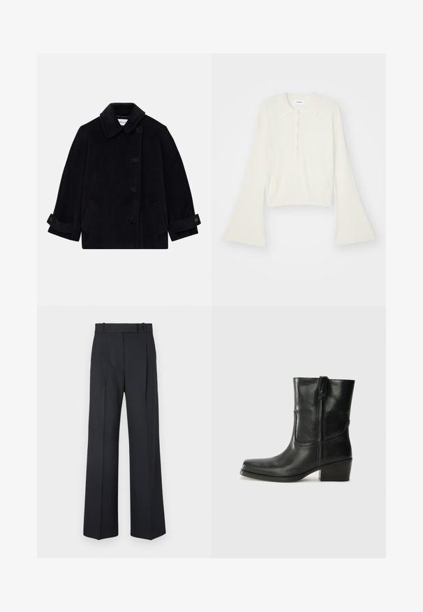 Navy blue wool coat featuring a collar, single-breasted button closure, two side pockets, and cuff detail with buttons.; Ribbed, cream-colored polo shirt with long, flare sleeves and five button placket. Features a collar with a soft texture.; Dark blue pinstriped trousers with a high waist, wide leg design, and no visible hardware or embellishments. Smooth texture and tailored fit.; Black leather ankle boot with a rounded toe, block heel, side zipper, and stitching accents on the vamp. Smooth texture, classic design.