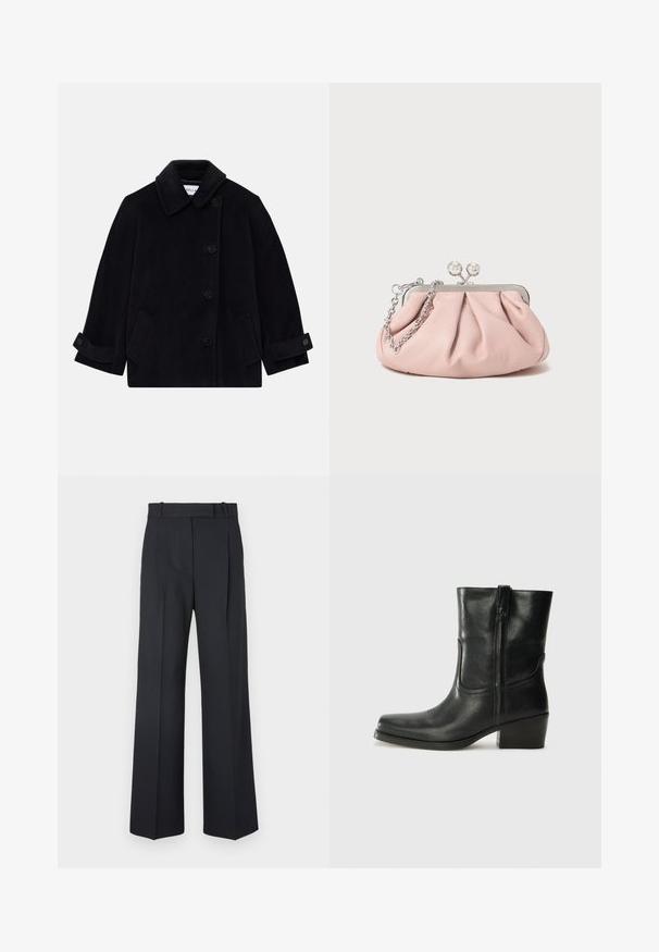 Navy blue wool coat featuring a collar, single-breasted button closure, two side pockets, and cuff detail with buttons.; Long-sleeve, light beige top with a round neckline. Made of soft fabric, features a central seam and slightly curved hem. No visible hardware.; Dark blue pinstriped trousers with a high waist, wide leg design, and no visible hardware or embellishments. Smooth texture and tailored fit.; Black leather ankle boot with a rounded toe, block heel, side zipper, and stitching accents on the vamp. Smooth texture, classic design.; Pink leather clutch bag with a gathered design, metal frame, two round clasps, and a silver chain strap. Smooth texture, compact shape.