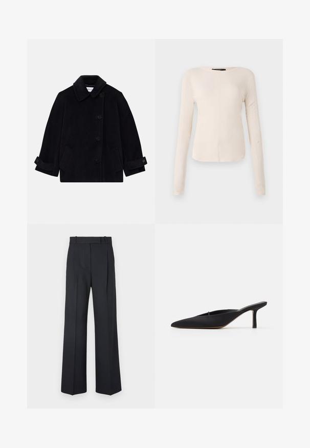 Tengerészkék gyapjúdzseki, amelynek gallérja, egy gombos zárása, két oldalsó zsebe és gombos mandzsettája van.; Hosszú ujjú, világos bézs blúz kerek nyakkivágással. Puha anyagból készült, középső varrással és enyhén ívelt szegéllyel rendelkezik. Nincs rajta látható fémrész.; Sötétkék csíkos nadrág magas derékkal, széles szárú kialakítással, látható fémrészletek vagy díszítések nélkül. Sima textúra és szabott fazon.; Fekete, hegyes orrú mules, elegáns dizájnnal, sima textíliából készült, karcsú sarokkal és nyitott hátsó résszel a könnyű felvétele érdekében.