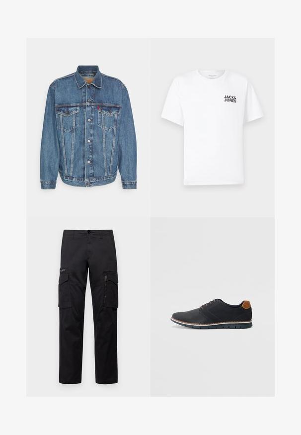 Denim jakna v srednje modri barvi z gumbom spredaj, dvema žepoma na prsih in klasičnim ovratnikom. Ponuja podrobnosti šivanja in sproščen kroj.; Bela bombažna majica, kratki rokavi, okrogla izreza. Na levi strani prsnega dela se nahaja črn logotip "JACK & JONES". Preprost, enostaven dizajn.; Črne cargo hlače z več žepi, z zadrgo na stegnu, ravnim krojem in trdnim bombažnim materialom z rahlo sijajem.; Črne sintetične čevlje z teksturirano zgornjščino, gladkimi akcenti, rjavim petnim delom in kontrastnim podplatom. Imajo minimalno vezanje in detajle šivanja.