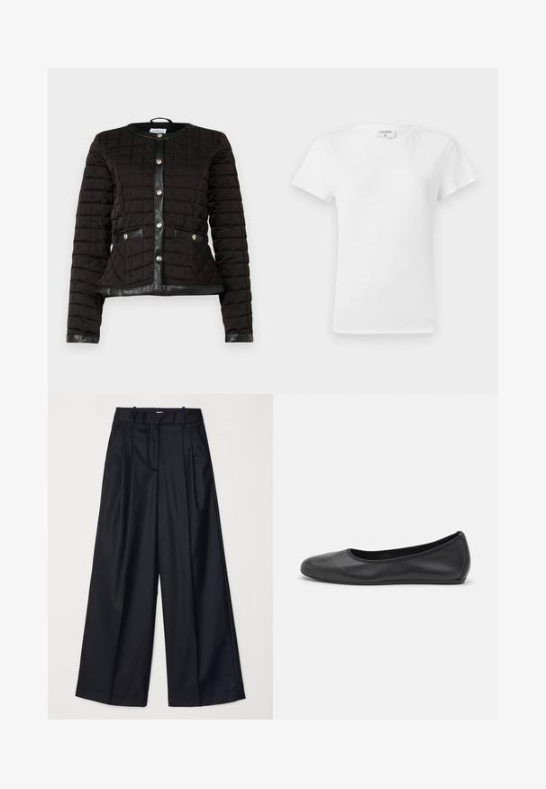 Juodas siuvinėtas švarkelis su apvalia iškirpte, puošiamas dirbtinės odos užtrauktuku ir mygtuku. Turintis dvi priekinės kišenes su odiniais akcentais.; Baltos medvilnės T-marškinius su apvalia iškirpte ir trumpomis rankovėmis, pasižyminčiais laisvu krovu ir minimalizmo dizainu. Etiketė matoma prie kaklo.; Juodos plačios kojų kelnės, pagamintos iš lygaus audinio, su aukštu liemeniu, klostėmis ir pritaikytu dizainu. Paprasta juoda detalių sistema liemens srityje.; Juodai odiniai baletai su apvaliu pirštu, lygi texture, minimalus siuvimo detales ir lanksčiu padų dizainu.