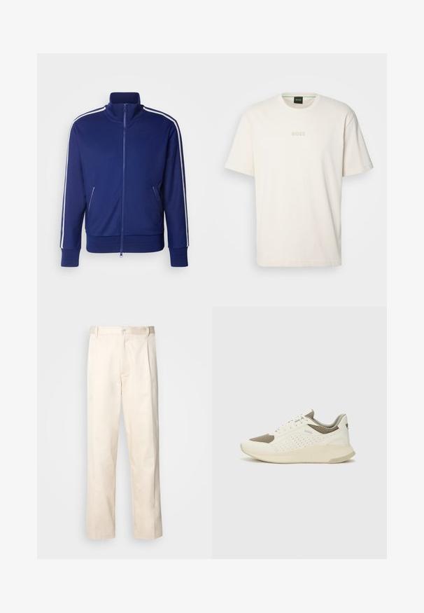 GANT TRACKSUIT JACKET - Spordijakk - rich navy; BOSS TEE - Lihtne T-särk - open white; Beesidised puuvillased püksid sirge jala lõikega, mis on varustatud nööpkinnituse ja ees olevate voltidega, et lisada detaili.; Valge ja heledat beeži värvi spordijalats, millel on õhuke võrkmaterjal, perforatsioonidega detailid ning tekstuuriga vahetald, millel on brändi logo kannaosas.