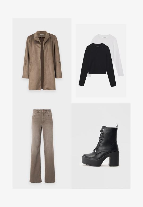 Pruun sametise välimusega jakk, millel on sälguga krae, sirge lõike ja pikad varrukad. Omab esitaskuid ja kontrastset voodrit.; Kaks pikade varrukatega särki: üks must ja teine valge. Mõlemal on ümar kaelus, raglanvarrukad ja pehme puuvillasegu kangas.; Pruunid kõrge vöökohtadega sirged teksad, millel on ees nupp, vöölõngad ja klassikaline viie tasku disain valgel taustal.; Must mustaankelisaapad, millel on paks plokkkonts, paeltega esiosa ja tekstuurpind. Tagaküljel on lihtsaks jalga panemiseks silmus.