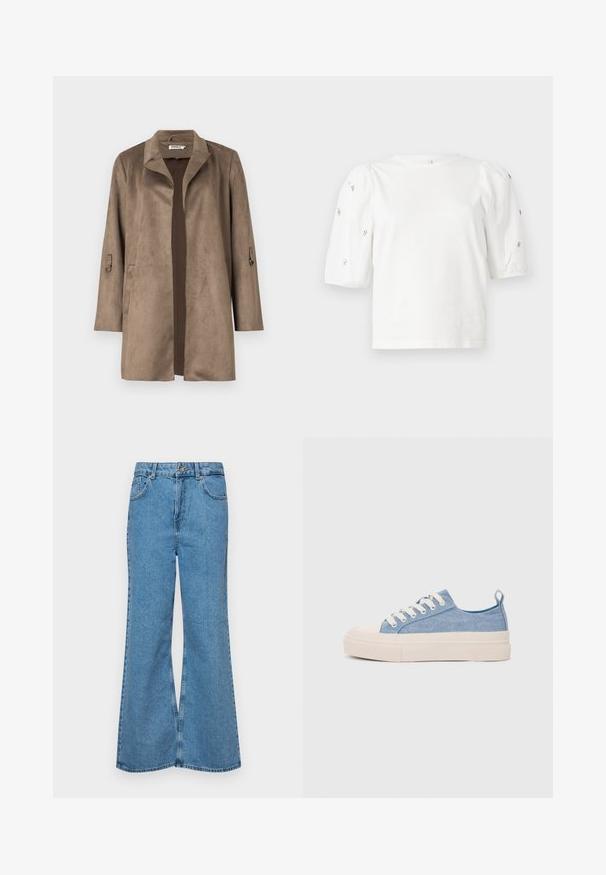 Casaco de camurça castanho com colarinho em bico, corte reto e mangas longas. Apresenta bolsos frontais e um forro interior contrastante.; T-shirt branca de algodão com mangas puff curtas, apresentando pequenos embellissements prateados ao longo das mangas. Decote redondo clássico, corte descontraído.; Jeans de brim azuis claros, com corte à boca de sino, apresentando uma cintura alta, cinco bolsos e um fecho de botão único. Textura macia com acabamento desbotado.; Ténis de lona azul claro com uma biqueira e sola de borracha creme, apresentando atacadores brancos e uma alça na parte de trás.