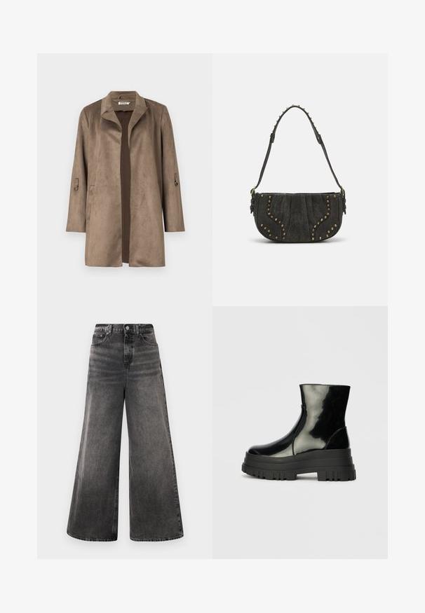 Barna velúr hatású dzseki kihajtható gallérral, egyenes fazonnal és hosszú ujjakkal. Elöl zsebekkel és kontrasztos bélésével rendelkezik.; Fekete, rövid ujjú póló, puha pamutból készült. Kerek nyakkivágással és testhezálló kialakítással rendelkezik. Sima textúra, minta vagy díszítések nélkül.; Széles lábú fekete farmernadrág, megfakult mosással, öt zsebes dizájnnal és gombos záródással a derékrészen, varrott részletekkel.; Fekete fényes boka csizma vastag bordázott talppal és kerek orral, oldalnézet világos szürke háttér előtt.; Fekete velúr táska ívelt kialakítással, szegecses részletekkel és texturált felülettel. Állítható pánt, a széle mentén tűzijáték részletekkel.