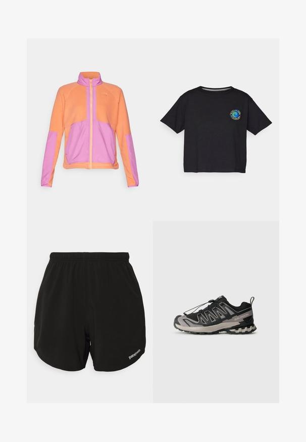Helly Hansen RIG JACKET - Giacca in pile - peach echo; T-shirt nera in cotone a maniche corte con un logo circolare multicolore sul petto. Orlo dritto e vestibilità comoda.; Shorts sportivi neri con vita elasticizzata, dotati di orlo curvo, tasche laterali e una piccola logo bianco "Patagonia" in basso a destra.; Scarpa sportiva nera e grigia con tomaia in rete, suola in gomma e sistema di lacci elastici. Presenta una punta rinforzata e dettagli testurizzati.