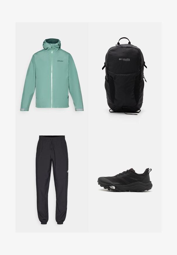 Chaqueta impermeable verde claro con capucha, cierre de cremallera completa, puños elásticos y detalles reflectantes. Con el logo de Berghaus.; Camiseta negra de manga corta hecha de tejido ligero. Presenta un pequeño logo blanco en el lado izquierdo del pecho y sutiles acentos en los hombros.; Pantalones deportivos negros hechos de un tejido ligero, con una cinturilla ajustable, bolsillos laterales y puños ajustados en los tobillos.; Zapatilla de trail running negra con upper texturizado, suela de goma y puntera reforzada. Presenta un collar acolchado y una lengüeta para poner y quitar fácilmente.; Mochila Columbia Titanium negra con una textura de tela suave, bolsillos laterales, asa superior y correas ajustables. Diseño minimalista con una marca sutil.