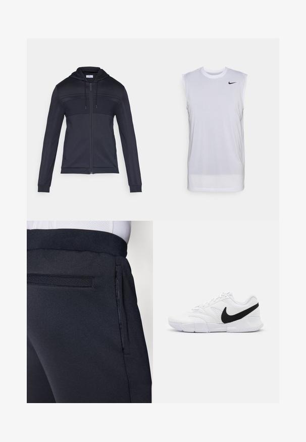 Tmavě modrá mikina s kapucí a zipem, s texturovaným horním panelem, stahovací kapucí, bočními pruhy a žebrovanými manžetami. Vyrobena z lehkého, pružného materiálu.; Bílé bezrukávové sportovní tričko vyrobené z lehkého materiálu. Má kulatý výstřih a malé černé logo Nike v levém horním rohu.; Tmavě modré sportovní kalhoty z měkké texturované látky, s elastickým pasem a boční kapsou na zip pro pohodlí.; Bílé atletické boty se strukturovaným svrškem, černým logem Nike, polstrovaným límcem a pevným gumovým podešvem s vzorovaným profilem.