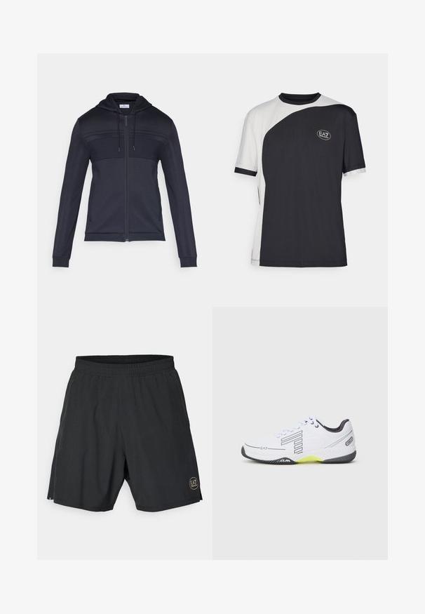 Laivastonsininen vetoketjullinen huppari, jossa on kuvioitu yläpaneeli, kiristysnauhalla varustettu huppu, sivuraidat ja resorit hihansuissa. Valmistettu kevyestä, joustavasta materiaalista.; Lyhythihainen t-paita, jossa on kaksivärinen musta-valkoinen muotoilu, sileä pinta ja EA7-logo etupuolella.; Mustat urheilushortsit, jotka on valmistettu kevyestä kankaasta. Shortsien vyötäröllä on joustava vyötärönauha ja alareunassa oikealla puolella kultainen pyöreä logo.; Valkoinen urheilukenkä mustilla yksityiskohdilla ja harmailla yksityiskohdilla. Varustettu teksturoidulla päällisellä, nauhoilla ja kirkkaalla keltaisella pohjasegmentillä.
