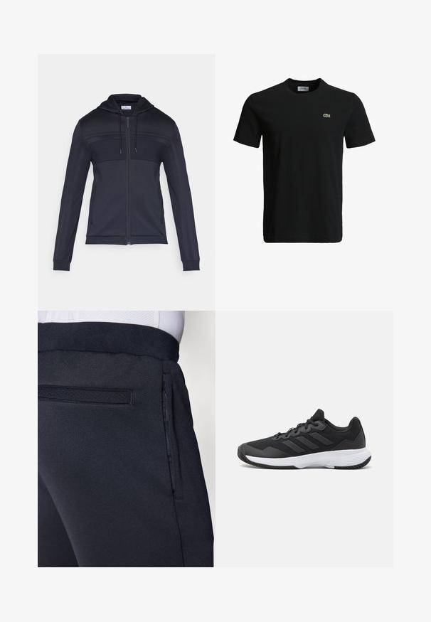 Sudadera con capucha de cremallera azul marino con un panel superior texturizado, capucha con cordón, rayas laterales y puños acanalados. Fabricada con un material ligero y flexible.; Camiseta de algodón negra con cuello redondo, mangas cortas y un pequeño logo de cocodrilo verde en el lado izquierdo del pecho. Textura suave, diseño casual.; Pantalones deportivos azul oscuro con un tejido suave y texturizado, cintura elástica y un bolsillo lateral con cremallera para mayor comodidad.; Zapatilla deportiva negra con una parte superior texturizada, tres franjas horizontales y una suela blanca con un dibujo en su superficie. Diseño ligero y aerodinámico.