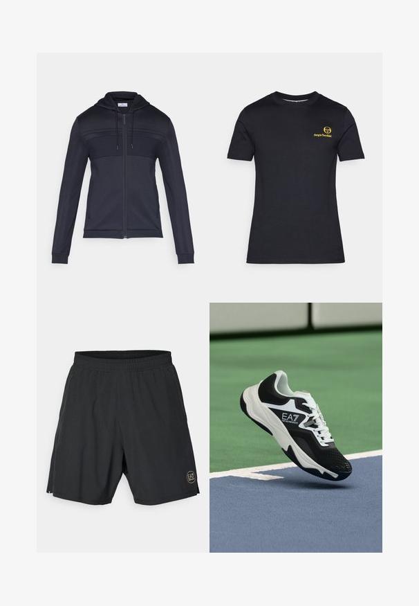 Tamsiai mėlynas gobtuvas su užtrauktuku, tekstūruotu viršutiniu skyriumi, raišteliu gobtuve, šoninėmis juostelėmis ir gofruotomis rankogaliais. Pagamintas iš lengvos, lanksčios medžiagos.; Juodas trumpomis rankovėmis medvilninis marškinėlis. Ant kairės krūtinės atspausdintas geltonas logotipas. Klasikinė apvali iškirptė, sklandi tekstūra.; Juodi sportiniai šortai, pagaminti iš lengvos medžiagos, su elastingu juosmeniu ir auksiniu apvaliu logotipu dešinėje apatinėje pusėje.; Juodos ir baltos spalvos EA7 Emporio Armani sportbačiai pakabinti virš mėlynų ir žalių teniso korto linijų.