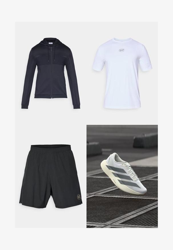 Navy zip-up hoodie with a textured upper panel, drawstring hood, side stripes, and ribbed cuffs. Made from a lightweight, flexible material.; White short-sleeve athletic shirt made of lightweight, breathable mesh fabric. Features a round neckline and a circular EA7 logo on the chest.; Black athletic shorts made from lightweight fabric, featuring an elastic waistband and a gold circular logo on the lower right side.; White athletic shoe with a textured mesh upper, featuring grey stripes and a cushioned sole. Lightweight design suitable for running.