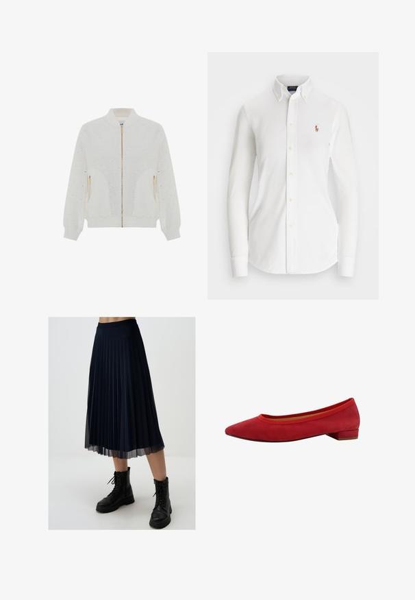 Witte bomberjack met ritssluiting en oogjespatroon, geribbelde kraag en manchetten, gouden ritssluiting en twee zijzakken. Zachte, gestructureerde stof.; Witte overhemd met lange mouwen en een puntkraag, gemaakt van katoen. Voorzien van een klein geborduurd logo op de linkerborst.; Marineblauwe plissérok van lichtgewicht stof, met een lengte tot de middenkuit en een aansluitende tailleband, gecombineerd met zwarte gevechtslaarzen.; Rode suède ballerina met een puntige neus, lage blokhak en elastische rand rond de opening. Soepele textuur met een strak design.